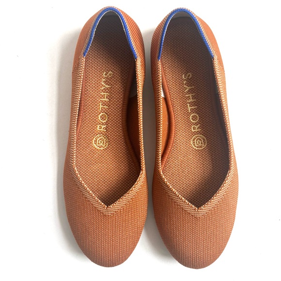 Rothy's Fawn Rounded Flat Toe Shoes Brown Orange Tan with Blue Trim Size 7 - Picture 1 of 17